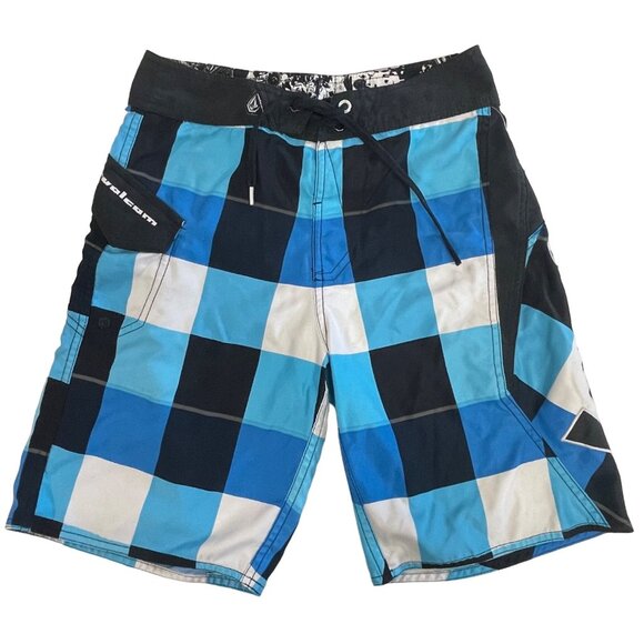 Volcom Boys 12 Blue Ice Plaid Boardshorts Swim Surf Trunks Pocket Logo Spellout - Picture 15 of 15